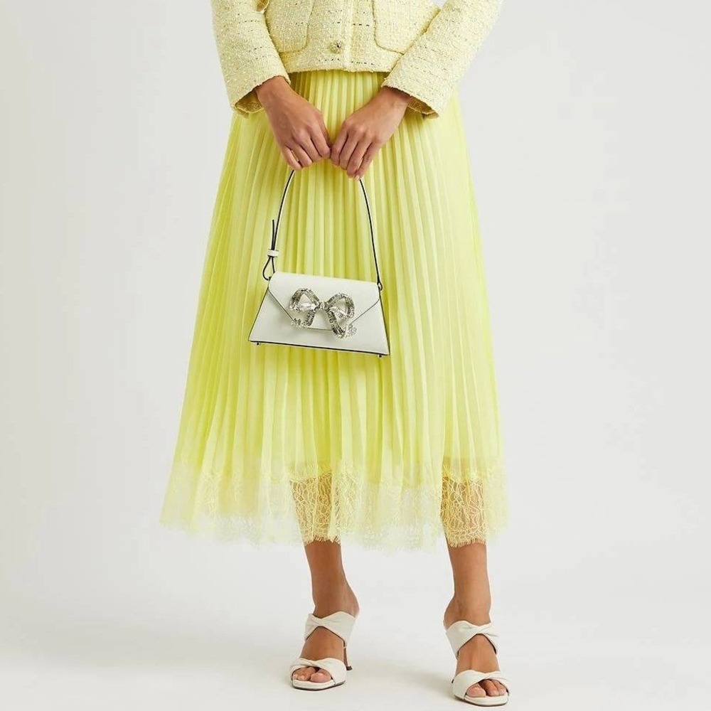 NEW Self-Portrait Yellow Chiffon Lace Trim Pleated Midi Skirt Size 10